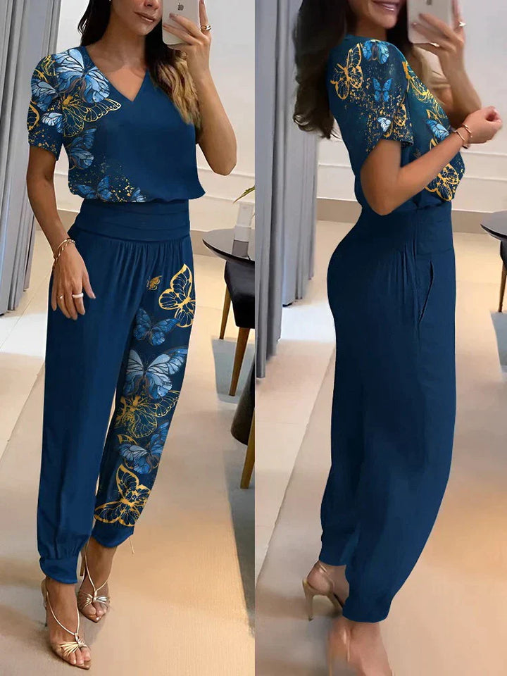 Co-Ord Set - Tvådelat set med kortärmad blus och byxor med hög midja för kvinnor-Eva Jonsson