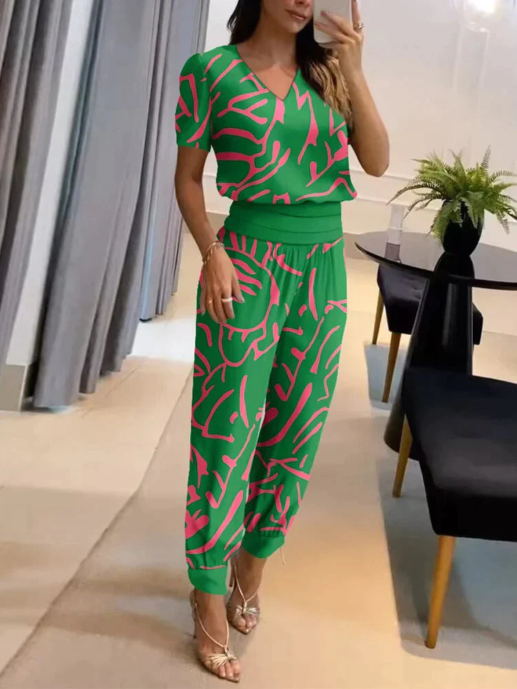 Co-Ord Set - Tvådelat set med kortärmad blus och byxor med hög midja för kvinnor-Eva Jonsson