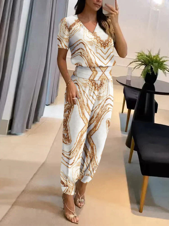 Co-Ord Set - Tvådelat set med kortärmad blus och byxor med hög midja för kvinnor-Eva Jonsson