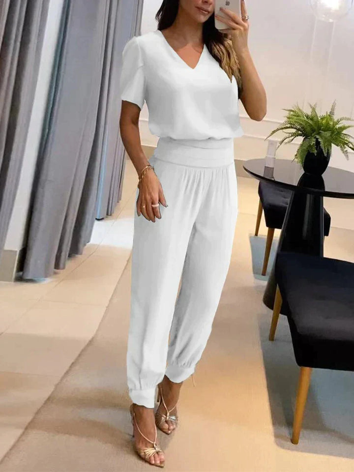 Co-Ord Set - Tvådelat set med kortärmad blus och byxor med hög midja för kvinnor-Eva Jonsson