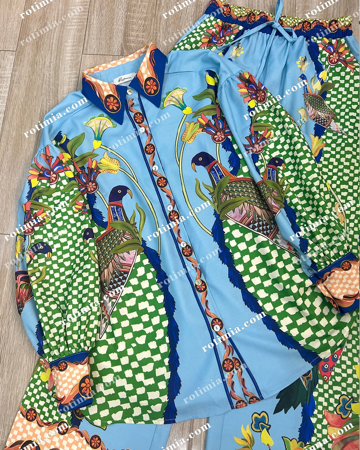 Co-Ord Set - Tvådelat set med tryckt blus och byxor med vida ben för kvinnor-Eva Jonsson