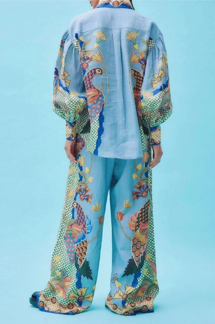 Co-Ord Set - Tvådelat set med tryckt blus och byxor med vida ben för kvinnor-Eva Jonsson