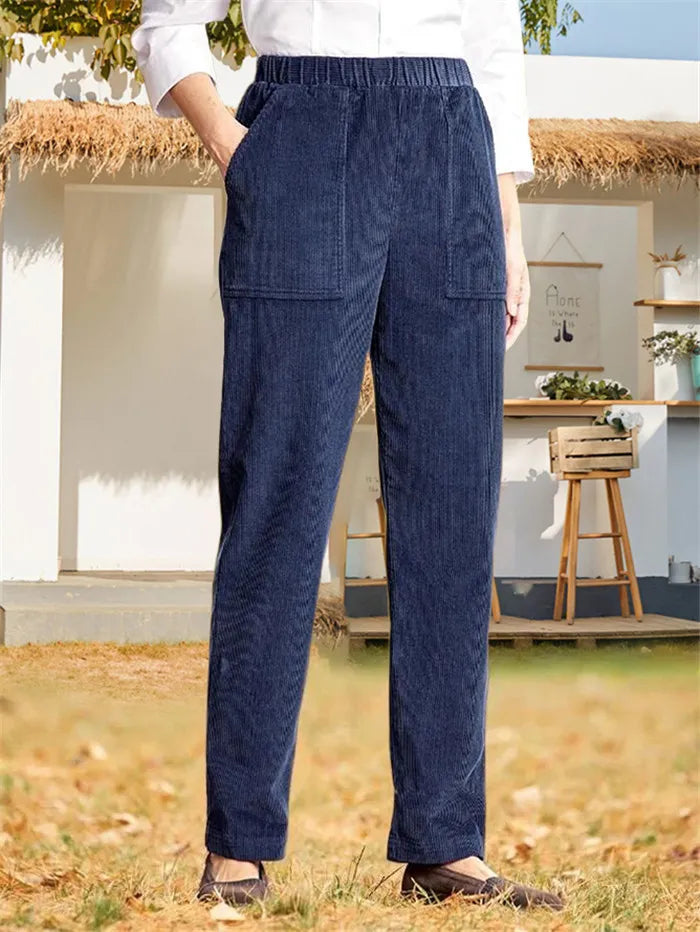 Corduroy Byxor - Dam Casual Elastisk Midja Raka Ben Cord Byxor-Eva Jonsson