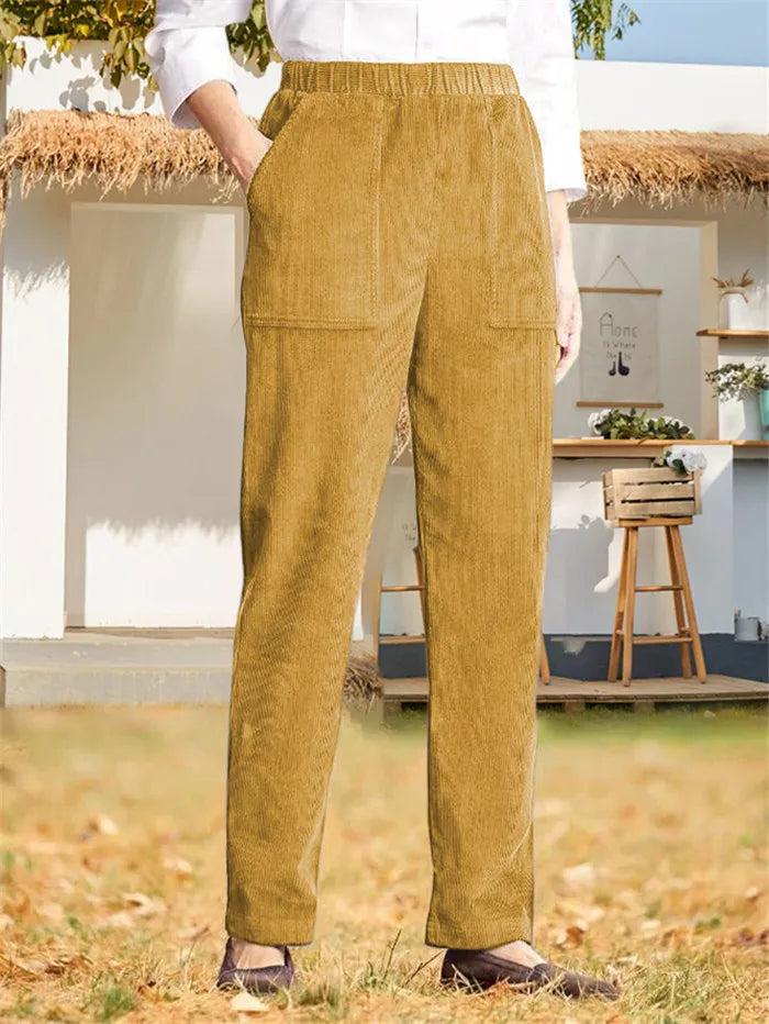 Corduroy Byxor - Dam Casual Elastisk Midja Raka Ben Cord Byxor-Eva Jonsson