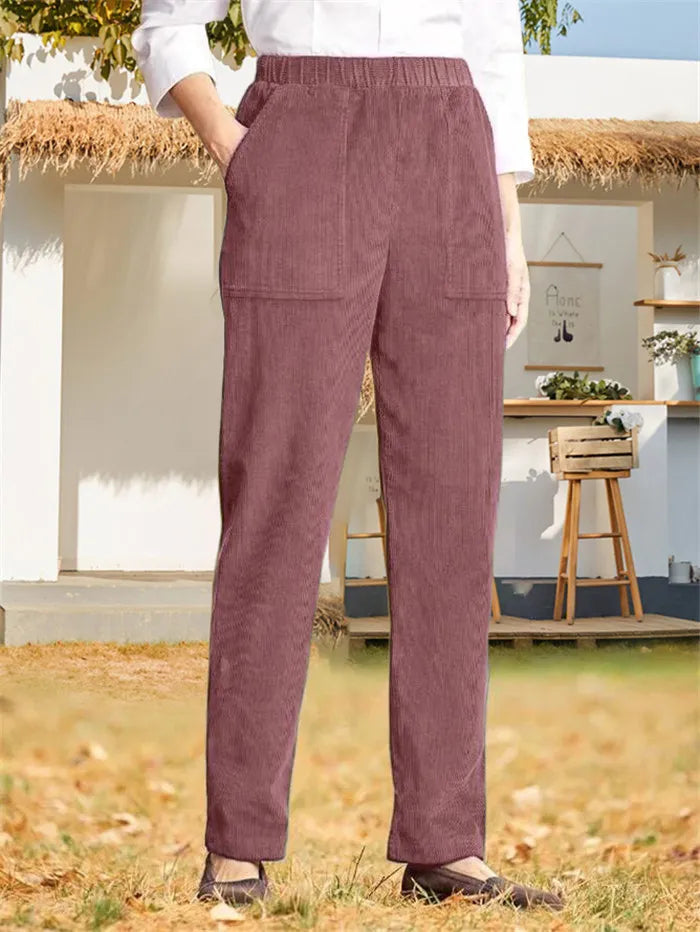 Corduroy Byxor - Dam Casual Elastisk Midja Raka Ben Cord Byxor-Eva Jonsson