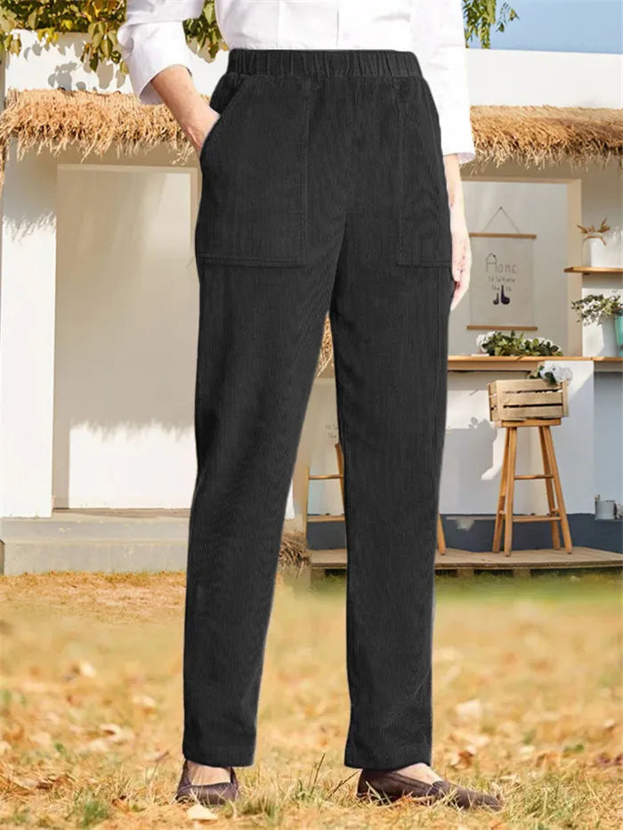 Corduroy Byxor - Dam Casual Elastisk Midja Raka Ben Cord Byxor-Eva Jonsson