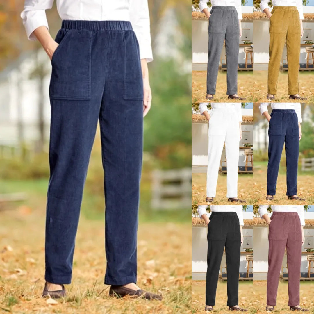 Corduroy Byxor - Dam Casual Elastisk Midja Raka Ben Cord Byxor-Eva Jonsson
