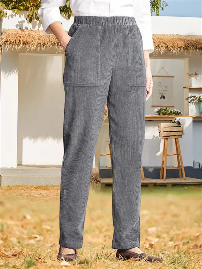 Corduroy Byxor - Dam Casual Elastisk Midja Raka Ben Cord Byxor-Eva Jonsson