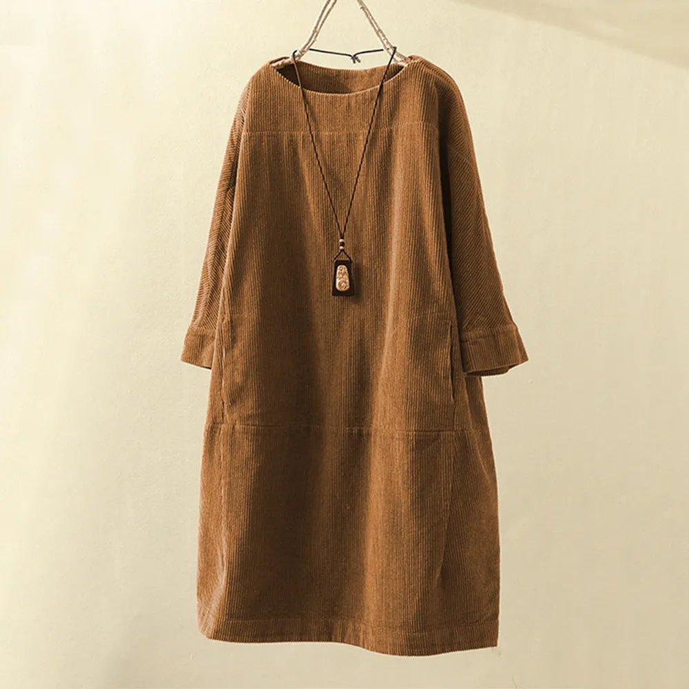 Corduroy Dress - Långärmad Midiklänning med Lös Passform för Kvinnor-Eva Jonsson
