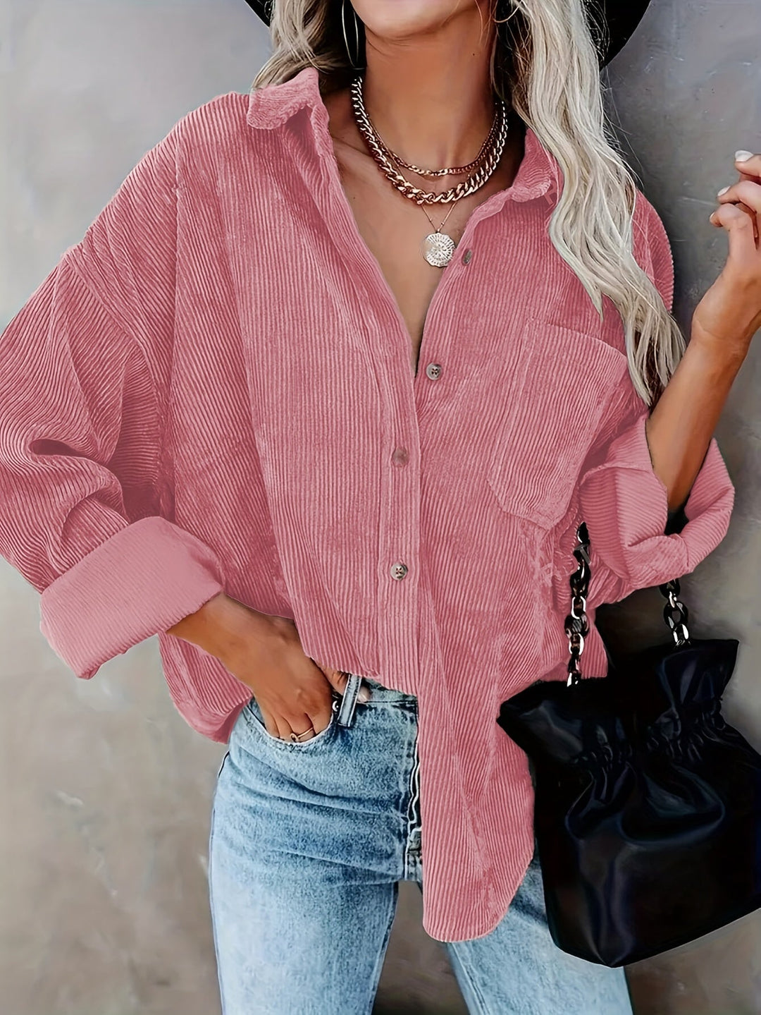 Corduroy skjorta - Casual överdimensionerad överskjorta med knappar för kvinnor-Eva Jonsson