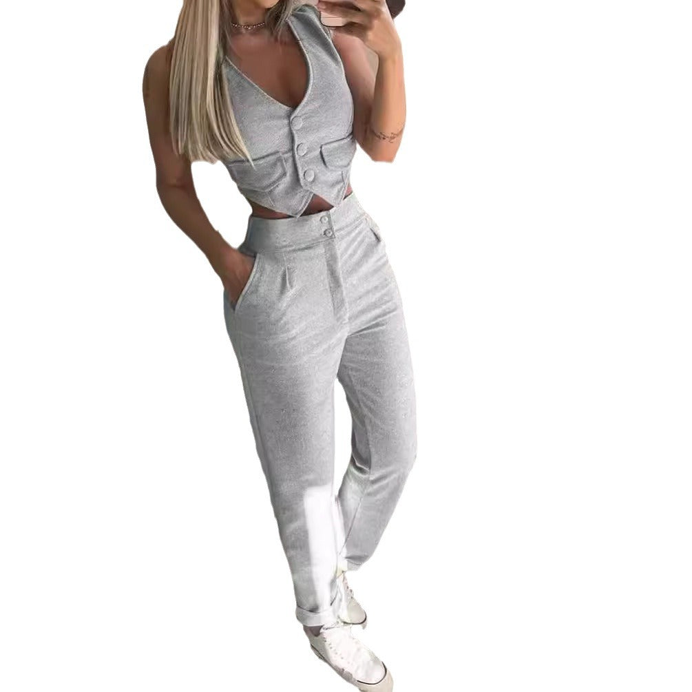 Dam Bekväm Lounge-set med knapppdetaljer och vida ben Mirla-Eva Jonsson
