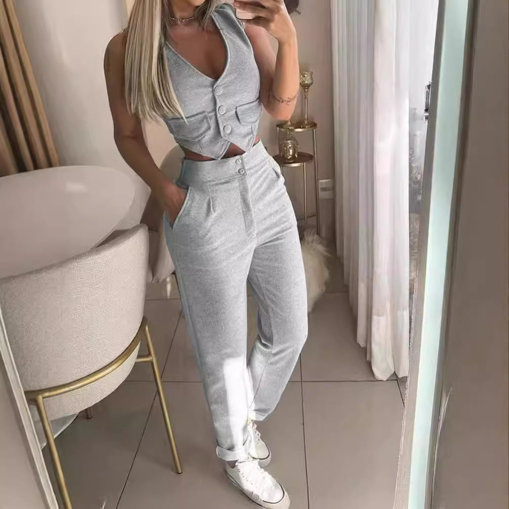 Dam Bekväm Lounge-set med knapppdetaljer och vida ben Mirla-Eva Jonsson