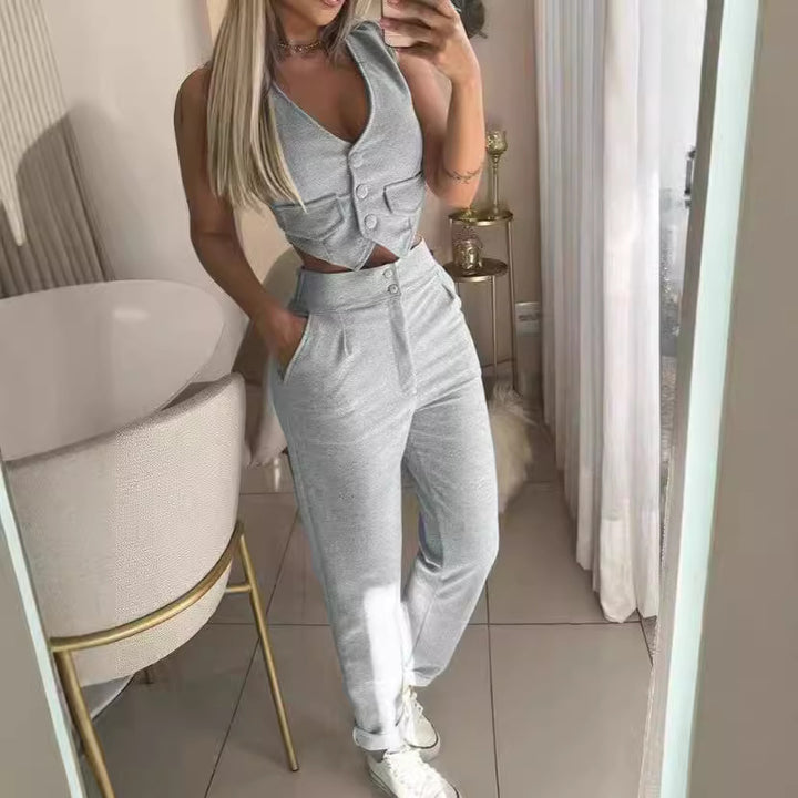 Dam Bekväm Lounge-set med knapppdetaljer och vida ben Mirla-Eva Jonsson