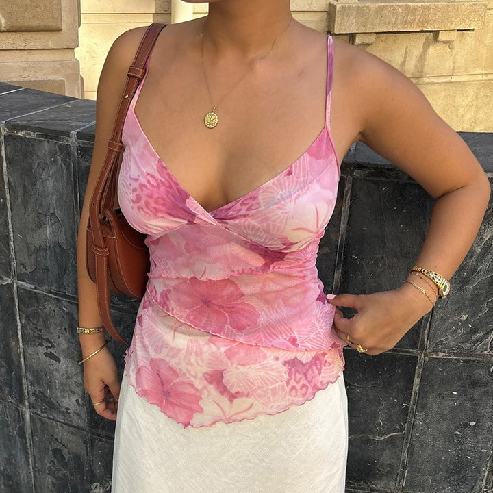 Dam Blommig Spets Topp med Elegant Omslag och Fina Spaghettiband Mirla-Eva Jonsson