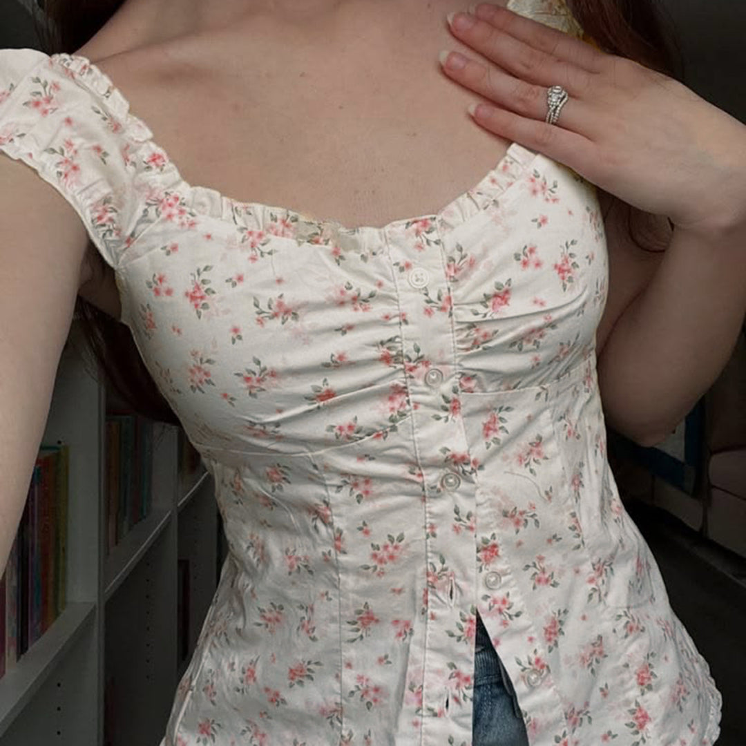 Dam Blusenshirt med blommigt mönster och volangdetaljer Mirla-Eva Jonsson