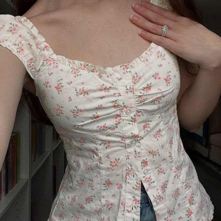 Dam Blusenshirt med blommigt mönster och volangdetaljer Mirla-Eva Jonsson
