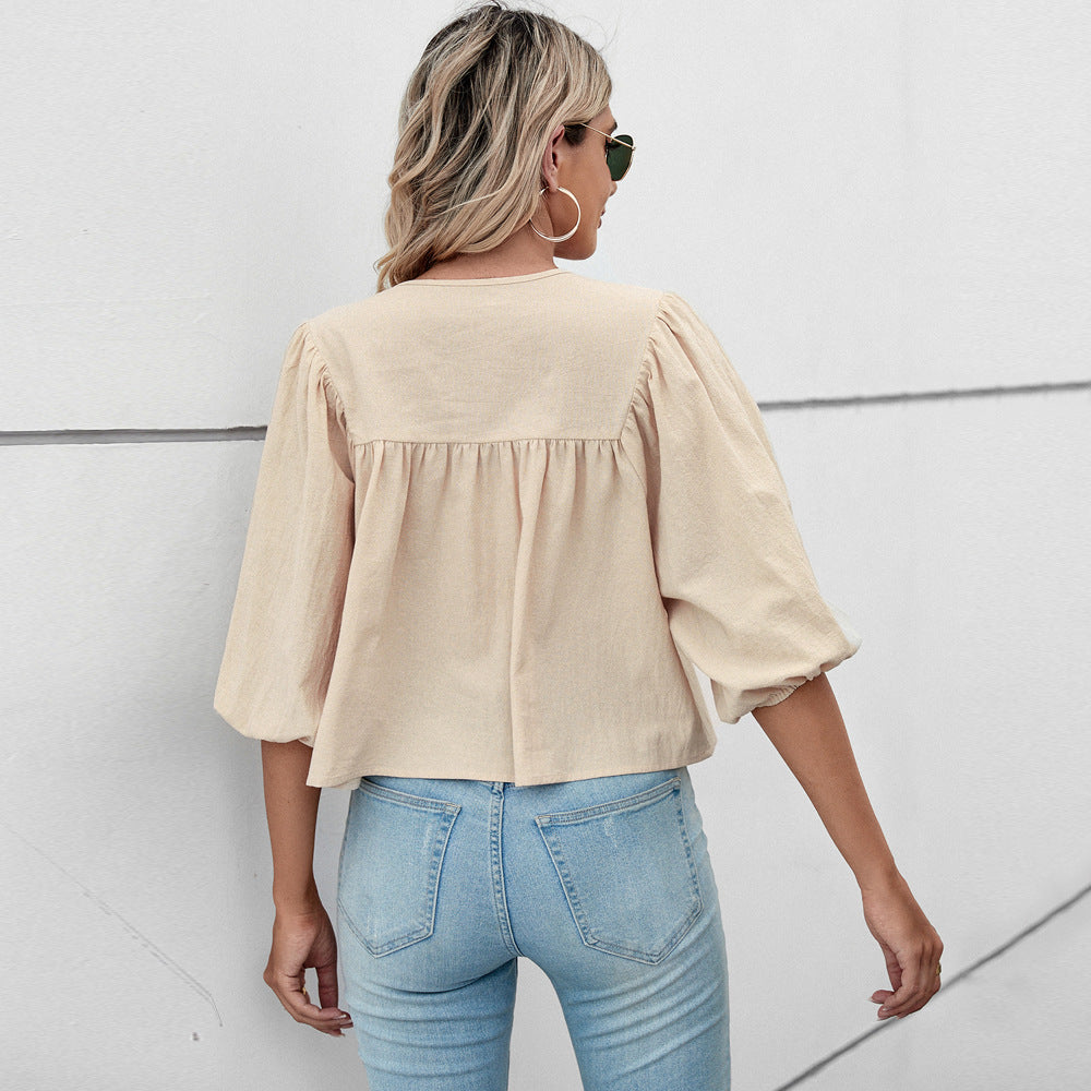 Dam Blusenshirt med eleganta puffärmar och stiligt snöre Mirla-Eva Jonsson