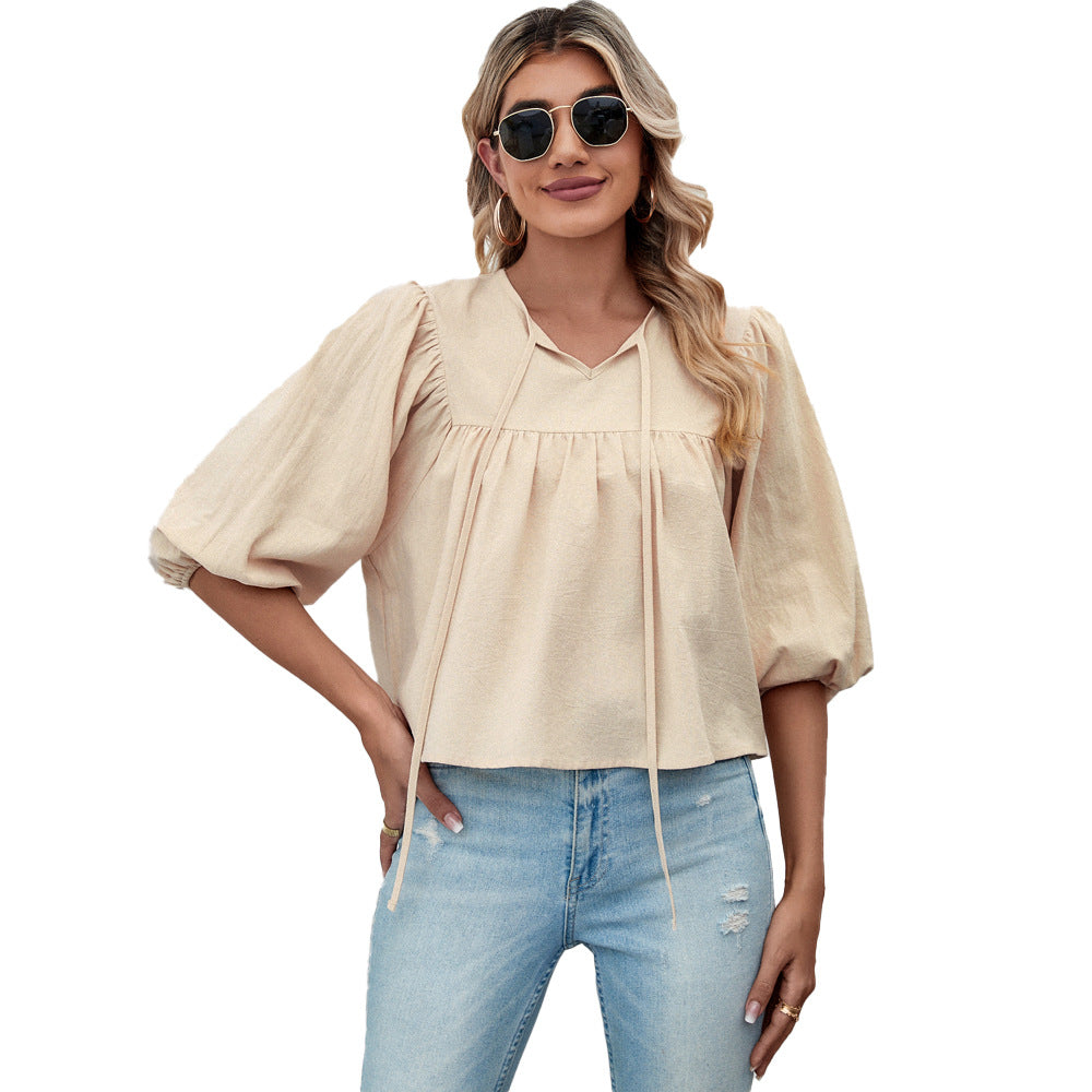 Dam Blusenshirt med eleganta puffärmar och stiligt snöre Mirla-Eva Jonsson