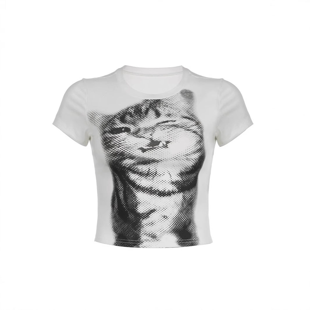 Dam Crop-T-shirt med kreativ kattmotiv Mirla-Eva Jonsson