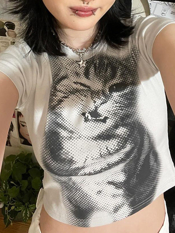 Dam Crop-T-shirt med kreativ kattmotiv Mirla-Eva Jonsson