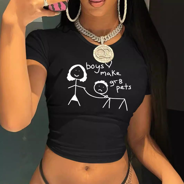 Dam Crop-T-shirt med kreativt björnmotiv och rolig text Mirla-Eva Jonsson