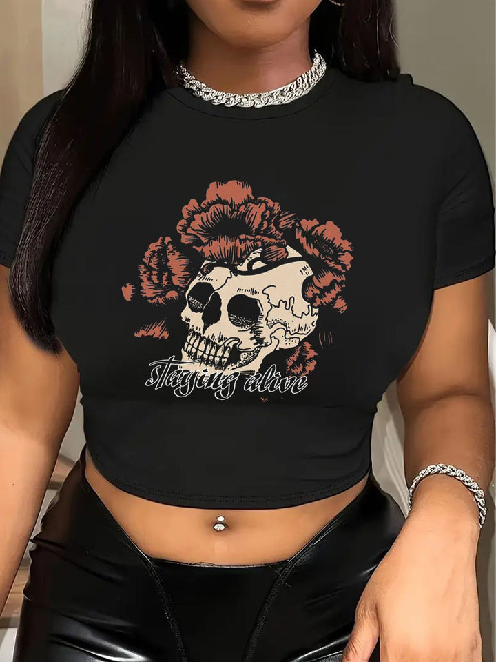 Dam Crop-T-shirt med kreativt björnmotiv och rolig text Mirla-Eva Jonsson