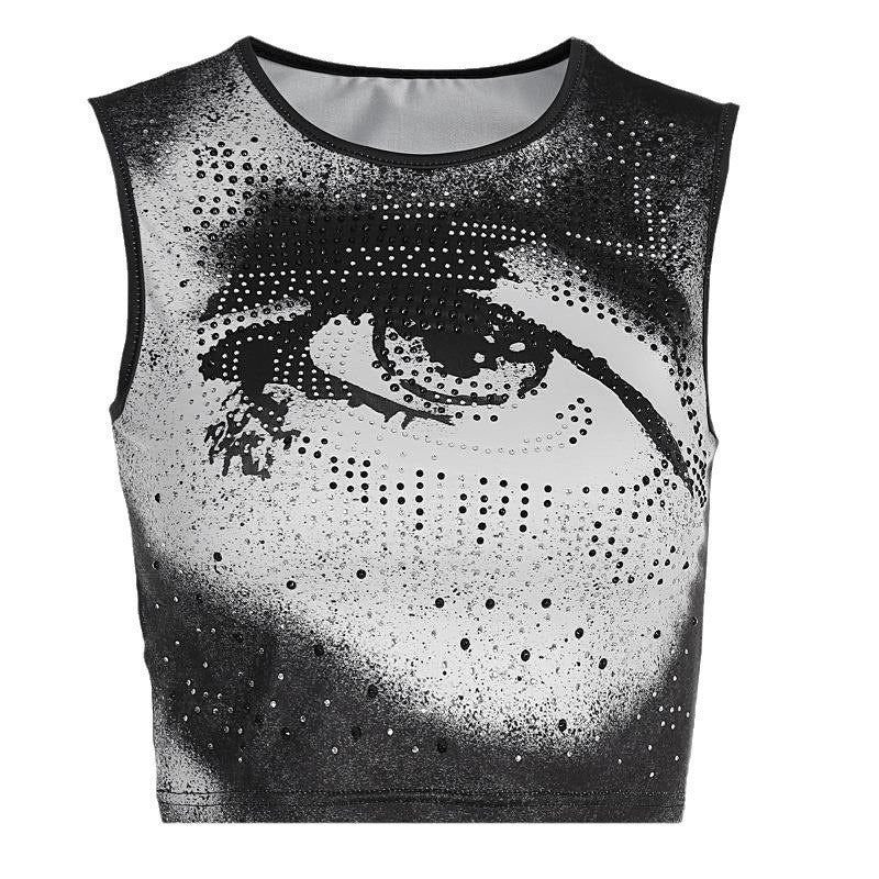 Dam Cropped Tanktop med strålande ögonmotiv och glittrande accenter Mirla-Eva Jonsson
