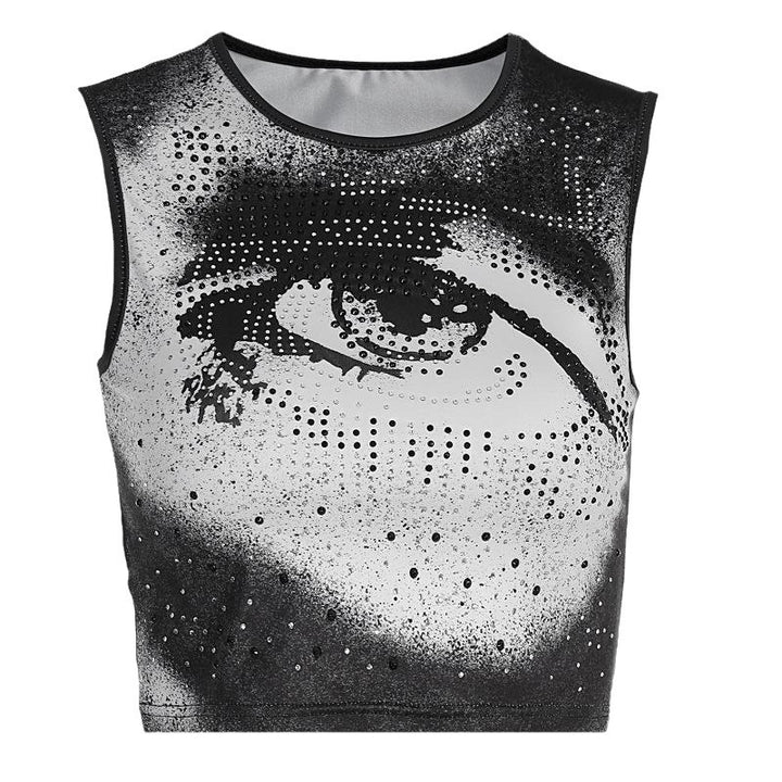 Dam Cropped Tanktop med strålande ögonmotiv och glittrande accenter Mirla-Eva Jonsson