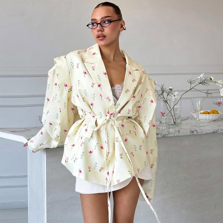 Dam Elegant Blazerjacka med blommönster och midjebälte Eva Jonsson-Eva Jonsson