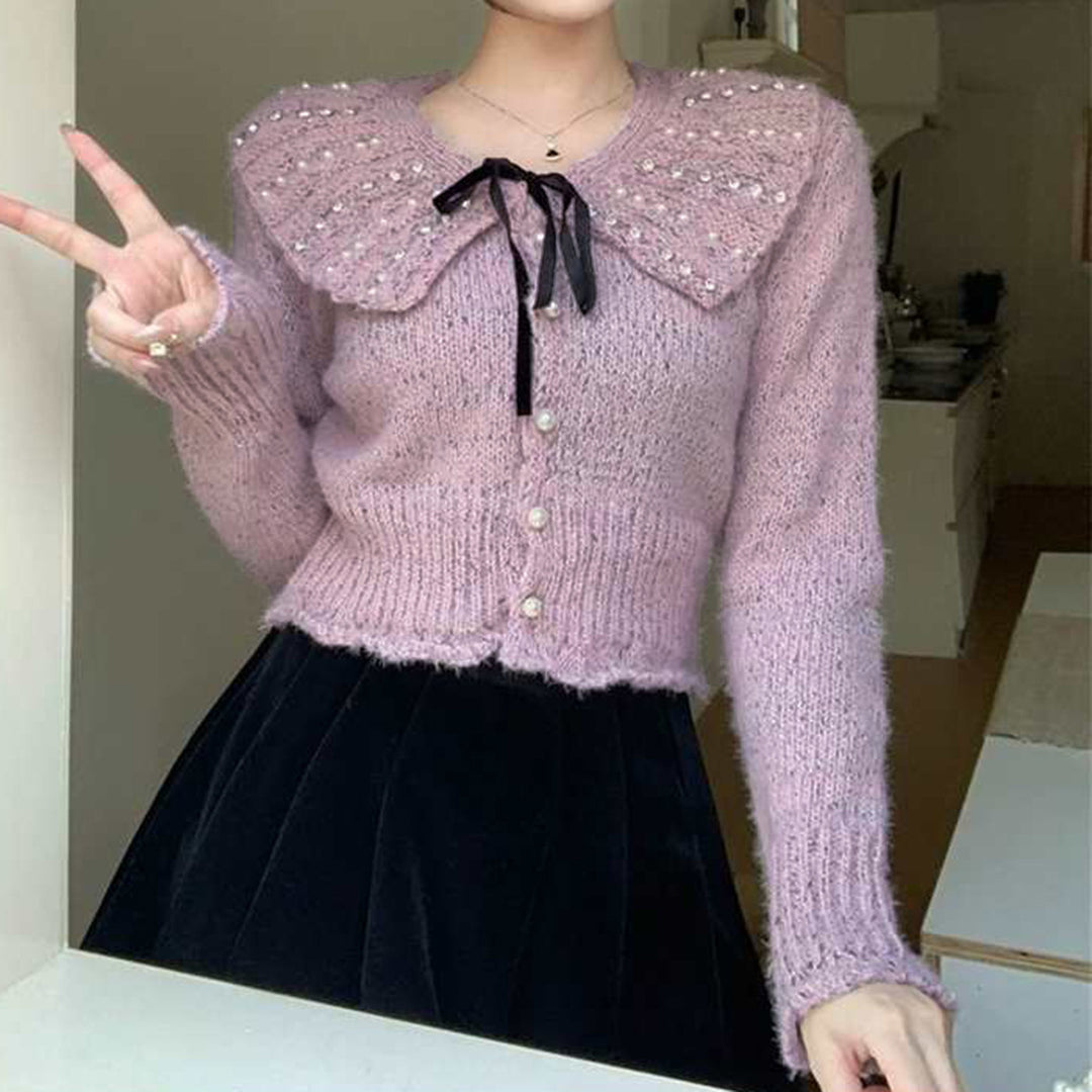 Dam Elegant Stickad Topp med Volangkrage och Dekorativa Pärlor Mirla-Eva Jonsson