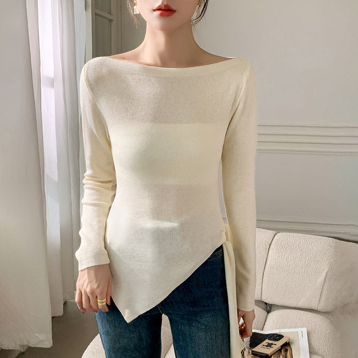 Dam Elegant Topp med Asymmetrisk Cut och Dekorativ Knut Mirla-Eva Jonsson