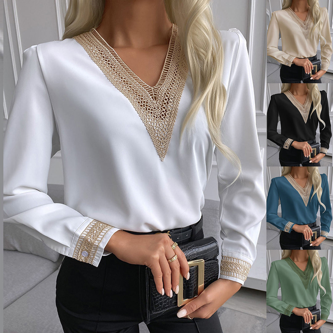 Dam Elegant V-Utsnitt Blus med dekorativ spetsdetalj Eva Jonsson-Eva Jonsson
