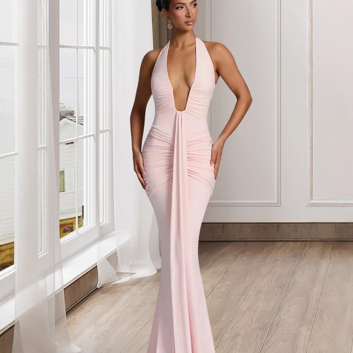 Dam Elegant Wrap Klänning med Djup V-Hals och Flytande Kjol-Eva Jonsson
