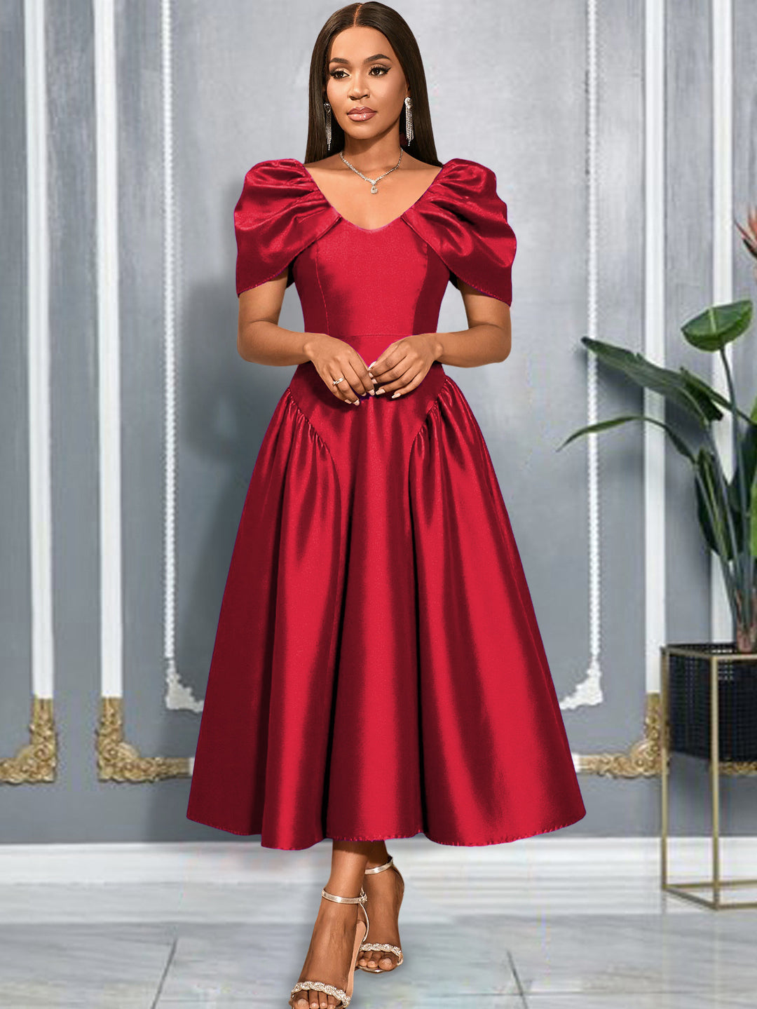 Dam Eleganta Satinklänning med voluminösa puffärmar Mirla-Eva Jonsson