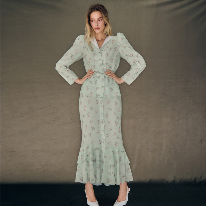 Dam Floral Mönster Maxi Klänning med Puffärmar Mirla-Eva Jonsson
