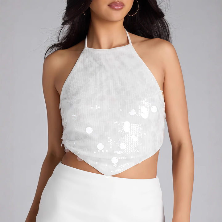 Dam Glamorous Halter-top med glittrande paljetter och elegant snitt-Eva Jonsson