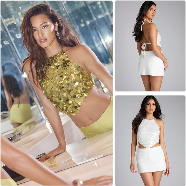 Dam Glamorous Halter-top med glittrande paljetter och elegant snitt-Eva Jonsson
