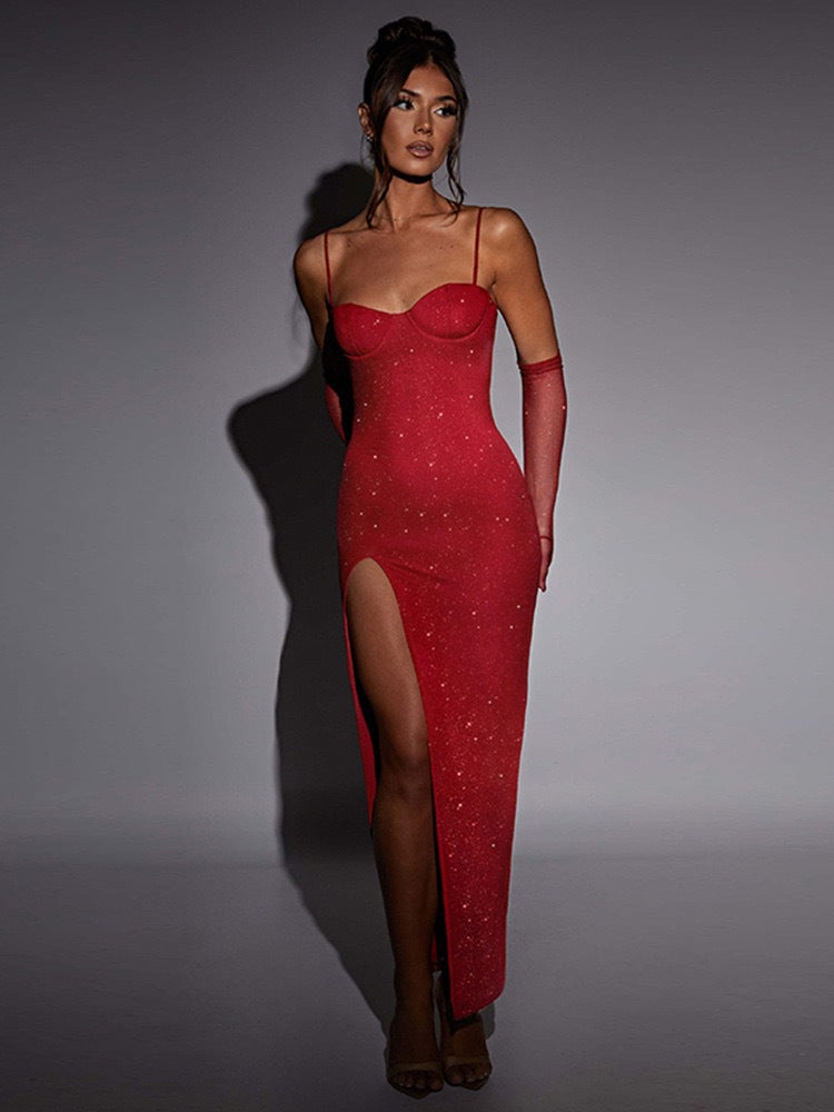 Dam Glittrande Maxiklänning med djup splitt och elegant bustier-overdel Mirla-Eva Jonsson