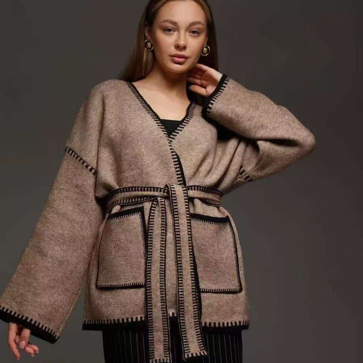 Dam Komfortabel Stickad Cardigan med praktiska fickor och midjebälte Eva Jonsson-Eva Jonsson