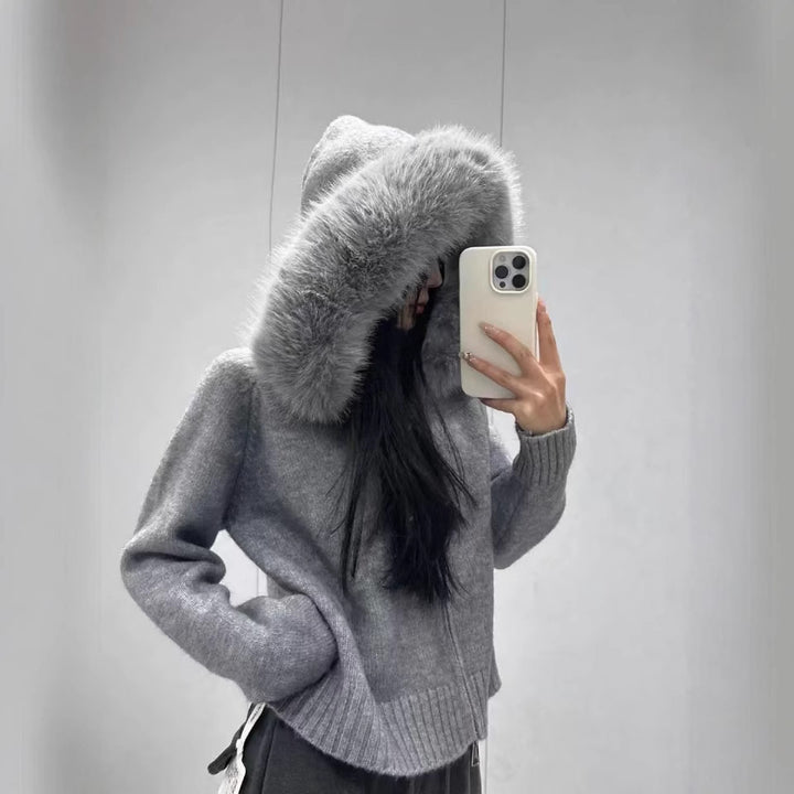 Dam Kramig Hoodie med attraktiv pälskrage Eva Jonsson-Eva Jonsson