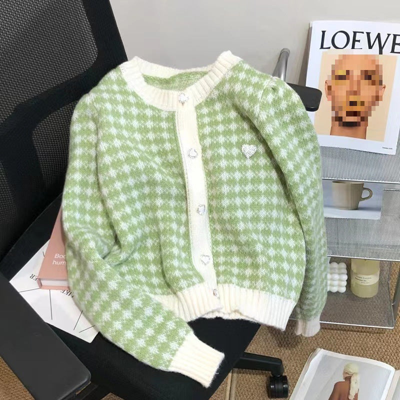Dam Kvinna Mjuk Cardigan med Strukturerat Rutmönster och Hjärtan Eva Jonsson-Eva Jonsson