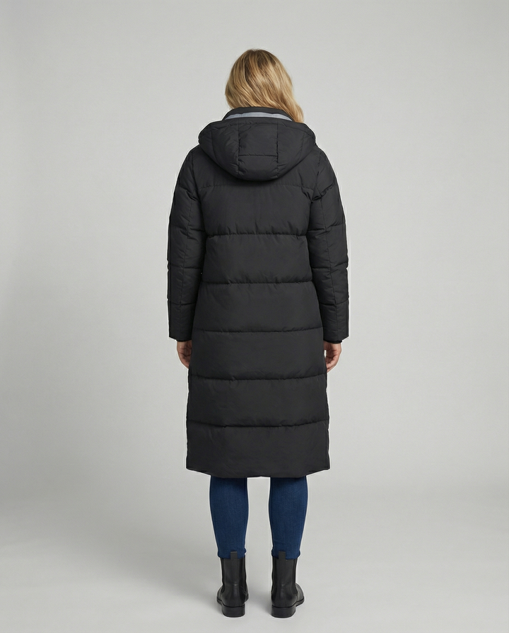 Dam Lång Dun Vadderad Pufferjacka med Huva & Extra Värme | Eva Jonsson-Eva Jonsson