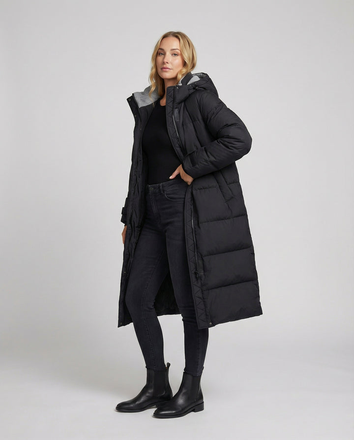 Dam Lång Dun Vadderad Pufferjacka med Huva & Extra Värme | Eva Jonsson-Eva Jonsson