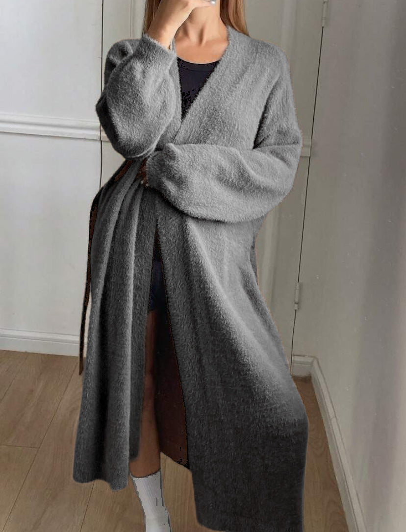 Dam Lång, fluffig kofta med bälte och V-ringning Eva Jonsson-Eva Jonsson