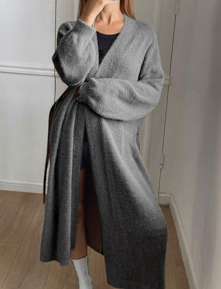 Dam Lång, fluffig kofta med bälte och V-ringning Eva Jonsson-Eva Jonsson