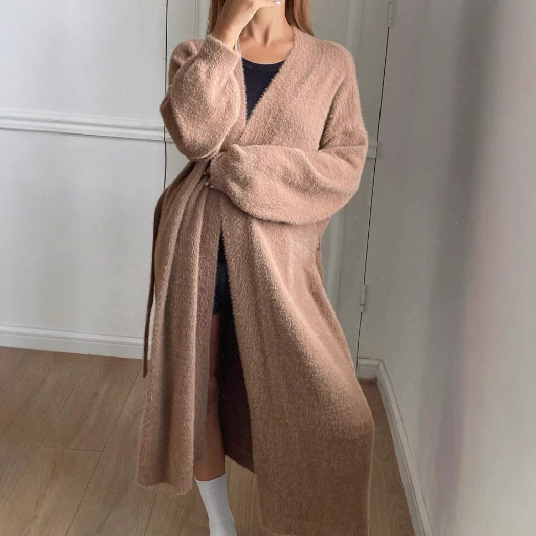 Dam Lång, fluffig kofta med bälte och V-ringning Eva Jonsson-Eva Jonsson