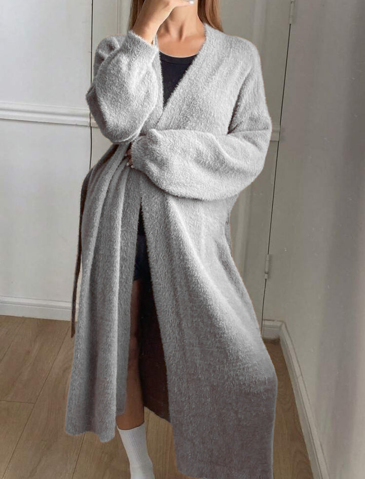 Dam Lång, fluffig kofta med bälte och V-ringning Eva Jonsson-Eva Jonsson