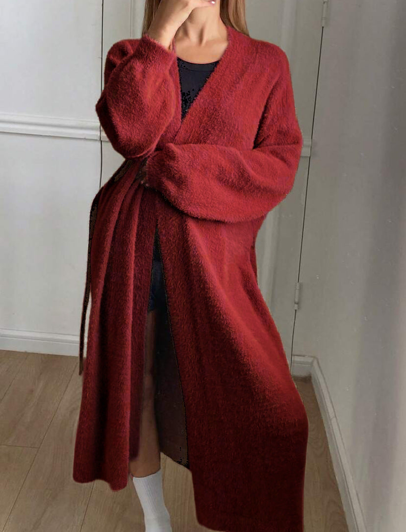 Dam Lång, fluffig kofta med bälte och V-ringning Eva Jonsson-Eva Jonsson