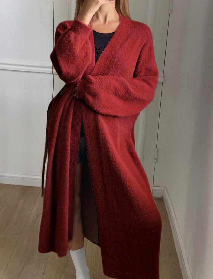 Dam Lång, fluffig kofta med bälte och V-ringning Eva Jonsson-Eva Jonsson