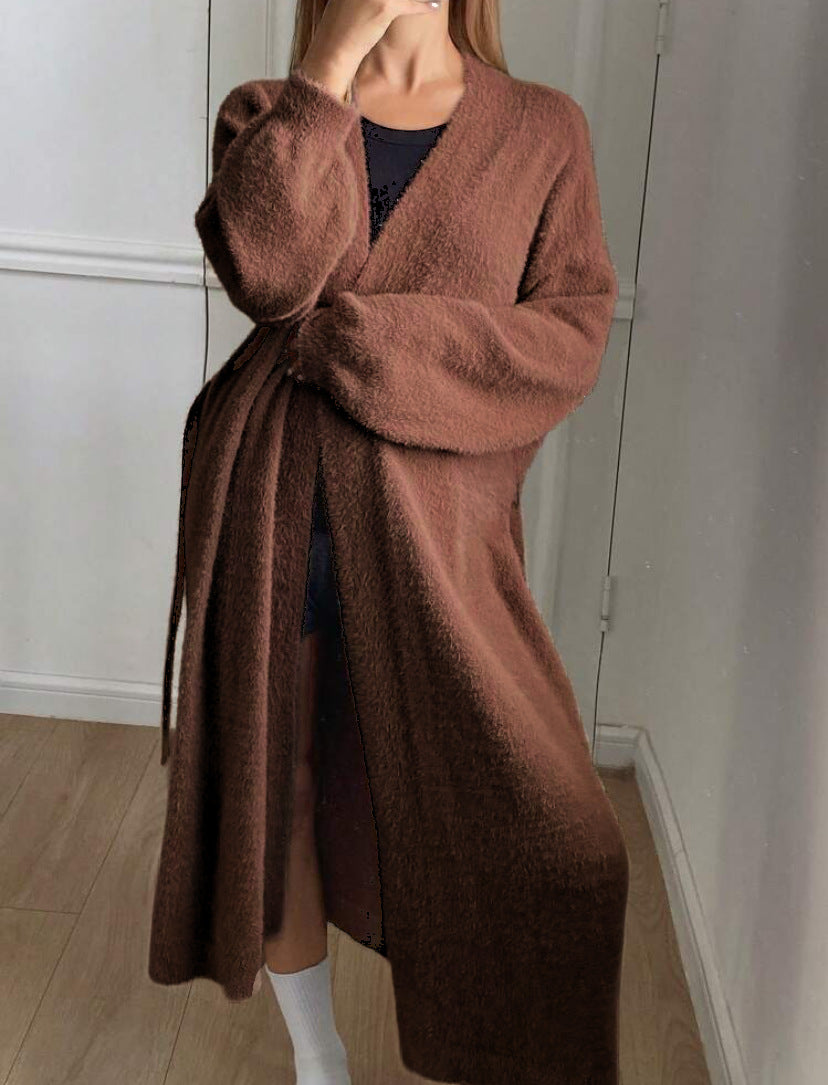 Dam Lång, fluffig kofta med bälte och V-ringning Eva Jonsson-Eva Jonsson